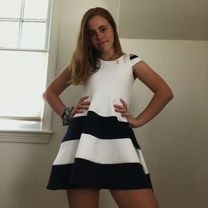 navy blue and white shoulder cutout a-line dress